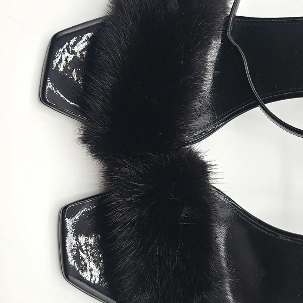 Saint Laurent Black Fur Strap Heels 37 1/2 - Picture 10 of 16